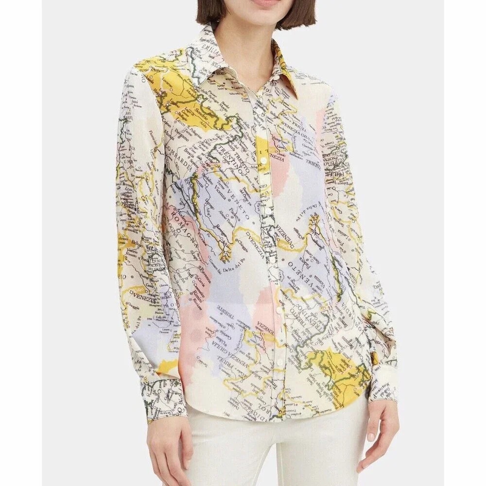 Derek Lam 10 Crosby Map Print Blouse Shirt Italy Button Down Yellow Pink 4